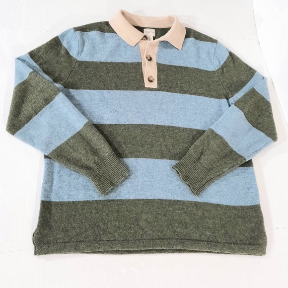 J. Crew Other - J. Crew Olive Green and Light Blue Striped Rugby Sweater with Cream Collar
